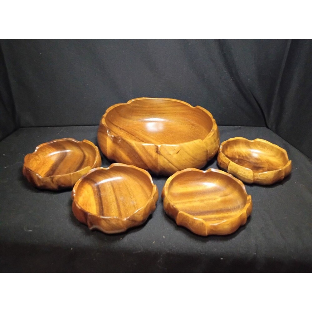 Monkey Pod Wood Salad Bowl Set of 5 Scalloped Edge Philippines Serving Bowls